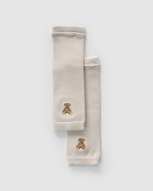 Cotton Knit Leg Warmer, Embroidered Teddy Bear, Ivory White