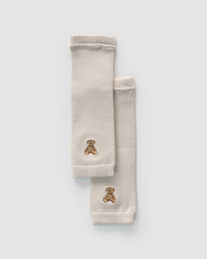 Cotton Knit Leg Warmer, Embroidered Teddy Bear, Ivory White