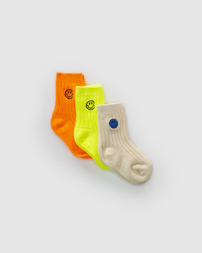 Pack of Three - Non-slip Neon Cotton Knit Socks, Embroidered Smiley, Bundle A