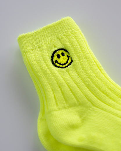 Pack of Three - Non-slip Neon Cotton Knit Socks, Embroidered Smiley, Bundle A