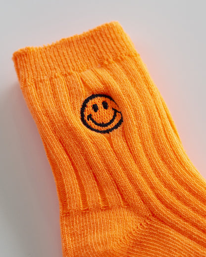 Pack of Three - Non-slip Neon Cotton Knit Socks, Embroidered Smiley, Bundle A