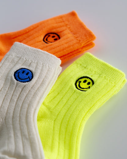 Pack of Three - Non-slip Neon Cotton Knit Socks, Embroidered Smiley, Bundle A