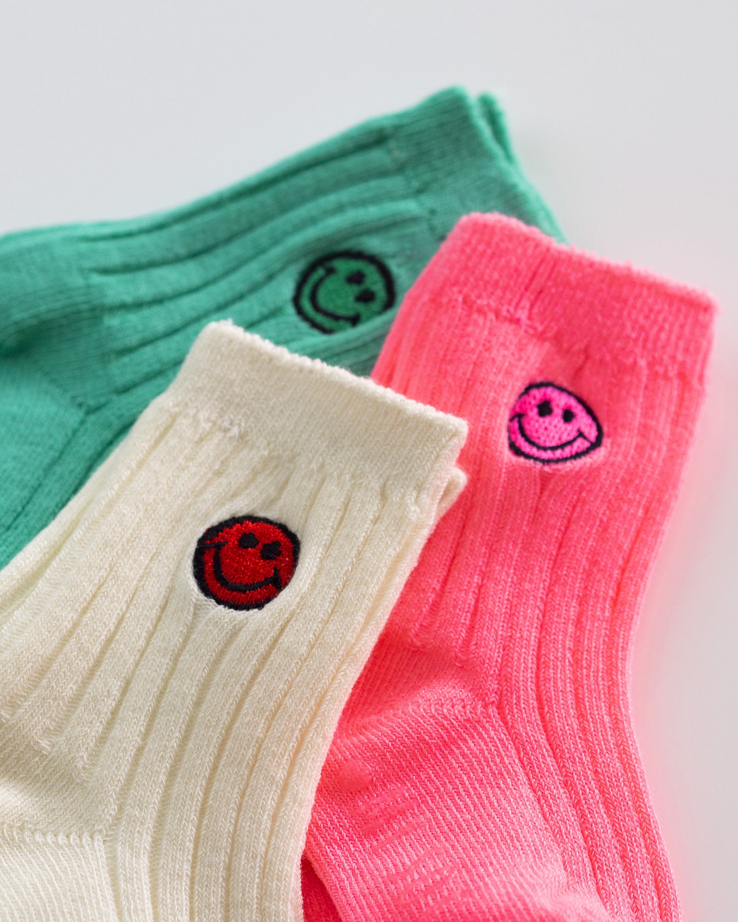 Pack of Three - Non-slip Neon Cotton Knit Socks, Embroidered Smiley, Bundle B