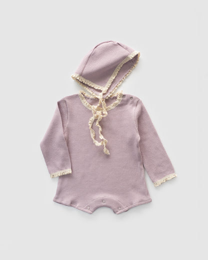 Waffle Knit Long Sleeve Bodysuit with Bonnet, Lilac