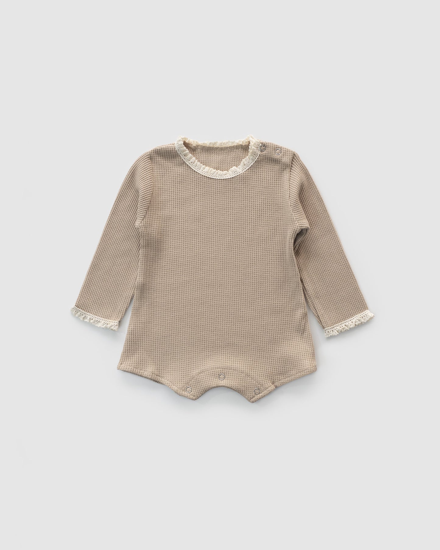 Waffle Knit Long Sleeve Bodysuit with Bonnet, Light Brown