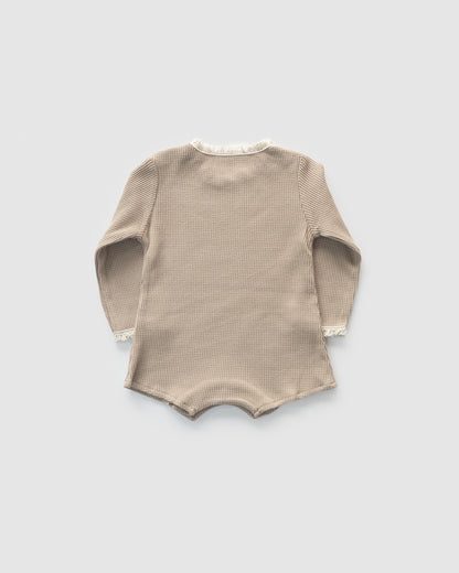 Waffle Knit Long Sleeve Bodysuit with Bonnet, Light Brown